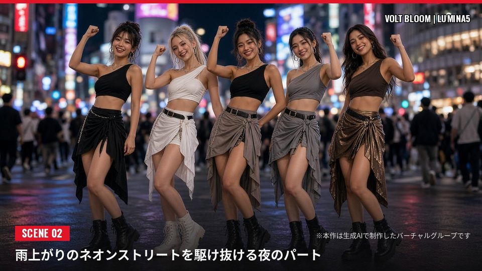 VOLT BLOOM MVシーン：雨上がりのネオンストリート