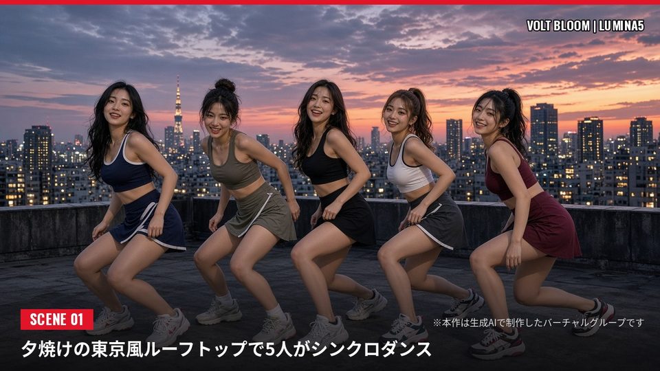 VOLT BLOOM MVシーン：夕焼けのルーフトップで5人がシンクロダンス